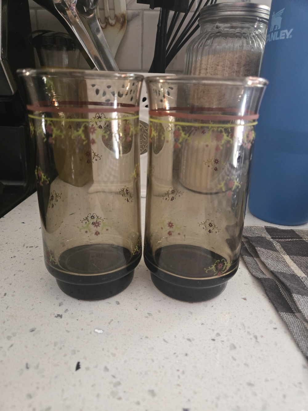 Vintage Libbey Smoky Brown Floral Glass Tumblers